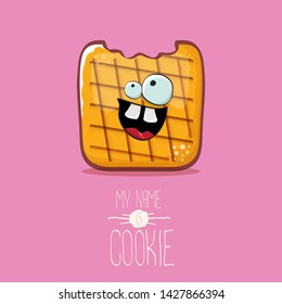 vector funny hand drawn cookie character isolated on pink background. My name is cookie concept illustration. funky food character or bakery label mascot 