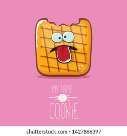 vector funny hand drawn cookie character isolated on pink background. My name is cookie concept illustration. funky food character or bakery label mascot 