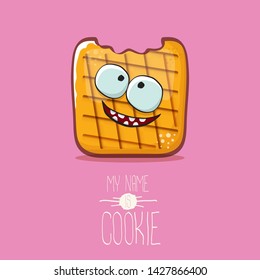 vector funny hand drawn cookie character isolated on pink background. My name is cookie concept illustration. funky food character or bakery label mascot 