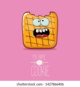 vector funny hand drawn cookie character isolated on pink background. My name is cookie concept illustration. funky food character or bakery label mascot 