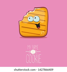 vector funny hand drawn cookie character isolated on pink background. My name is cookie concept illustration. funky food character or bakery label mascot 