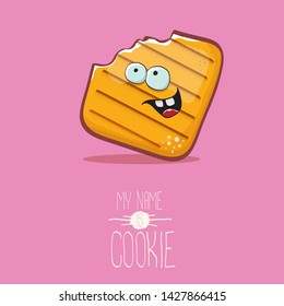 vector funny hand drawn cookie character isolated on pink background. My name is cookie concept illustration. funky food character or bakery label mascot 