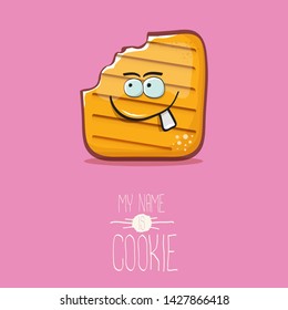 vector funny hand drawn cookie character isolated on pink background. My name is cookie concept illustration. funky food character or bakery label mascot 