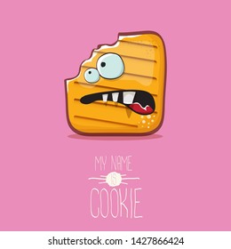 vector funny hand drawn cookie character isolated on pink background. My name is cookie concept illustration. funky food character or bakery label mascot 