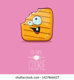 vector funny hand drawn cookie character isolated on pink background. My name is cookie concept illustration. funky food character or bakery label mascot 