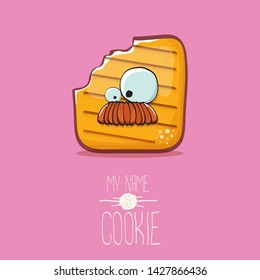 vector funny hand drawn cookie character isolated on pink background. My name is cookie concept illustration. funky food character or bakery label mascot 
