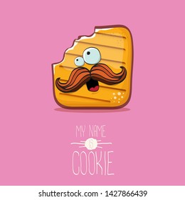 vector funny hand drawn cookie character isolated on pink background. My name is cookie concept illustration. funky food character or bakery label mascot 