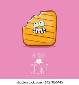 vector funny hand drawn cookie character isolated on pink background. My name is cookie concept illustration. funky food character or bakery label mascot 