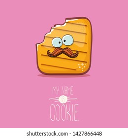vector funny hand drawn cookie character isolated on pink background. My name is cookie concept illustration. funky food character or bakery label mascot 