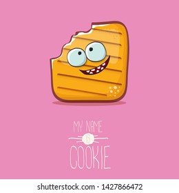 vector funny hand drawn cookie character isolated on pink background. My name is cookie concept illustration. funky food character or bakery label mascot 