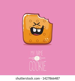 vector funny hand drawn cookie character isolated on pink background. My name is cookie concept illustration. funky food character or bakery label mascot 
