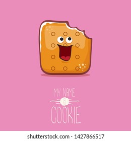 vector funny hand drawn cookie character isolated on pink background. My name is cookie concept illustration. funky food character or bakery label mascot 