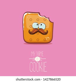 vector funny hand drawn cookie character isolated on pink background. My name is cookie concept illustration. funky food character or bakery label mascot 