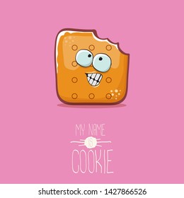 vector funny hand drawn cookie character isolated on pink background. My name is cookie concept illustration. funky food character or bakery label mascot 