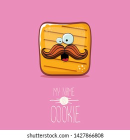 vector funny hand drawn cookie character isolated on pink background. My name is cookie concept illustration. funky food character or bakery label mascot 