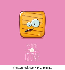 vector funny hand drawn cookie character isolated on pink background. My name is cookie concept illustration. funky food character or bakery label mascot 