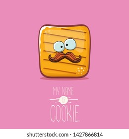 vector funny hand drawn cookie character isolated on pink background. My name is cookie concept illustration. funky food character or bakery label mascot 