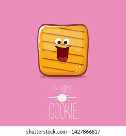 vector funny hand drawn cookie character isolated on pink background. My name is cookie concept illustration. funky food character or bakery label mascot 