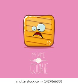 vector funny hand drawn cookie character isolated on pink background. My name is cookie concept illustration. funky food character or bakery label mascot 