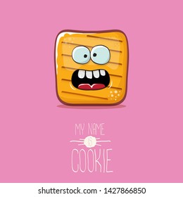 vector funny hand drawn cookie character isolated on pink background. My name is cookie concept illustration. funky food character or bakery label mascot 