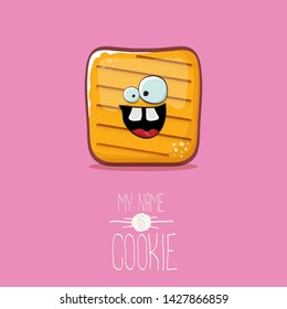vector funny hand drawn cookie character isolated on pink background. My name is cookie concept illustration. funky food character or bakery label mascot 