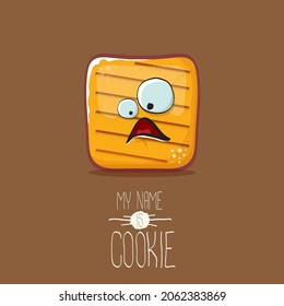 vector funny hand drawn cookie character isolated on brown background. My name is cookie concept illustration. funky food character or bakery label mascot 