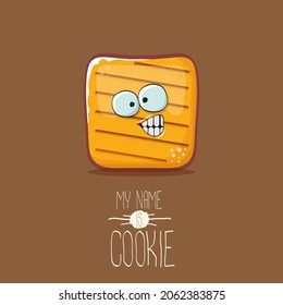 vector funny hand drawn cookie character isolated on brown background. My name is cookie concept illustration. funky food character or bakery label mascot 