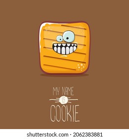 vector funny hand drawn cookie character isolated on brown background. My name is cookie concept illustration. funky food character or bakery label mascot 