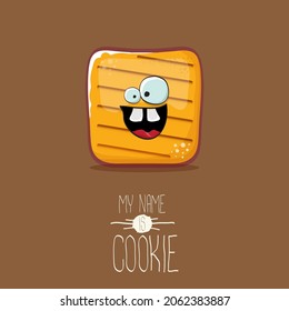 vector funny hand drawn cookie character isolated on brown background. My name is cookie concept illustration. funky food character or bakery label mascot 