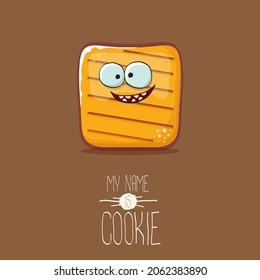 vector funny hand drawn cookie character isolated on brown background. My name is cookie concept illustration. funky food character or bakery label mascot 