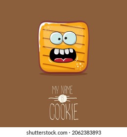 vector funny hand drawn cookie character isolated on brown background. My name is cookie concept illustration. funky food character or bakery label mascot 