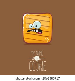 vector funny hand drawn cookie character isolated on brown background. My name is cookie concept illustration. funky food character or bakery label mascot 