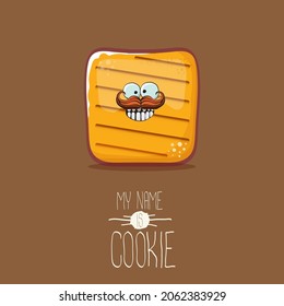 vector funny hand drawn cookie character isolated on brown background. My name is cookie concept illustration. funky food character or bakery label mascot 