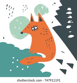 Vector funny hand drawn fox and abstract background. Sticker, print, elements for design and other.