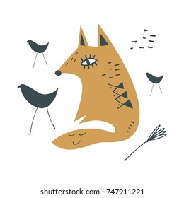 Vector funny hand drawn fox and abstract birds. Sticker, print, elements for design and other.