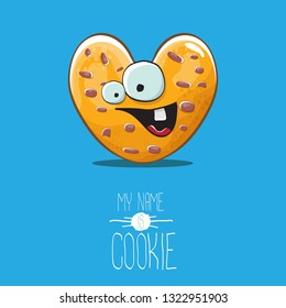 vector funny hand drawn homemade chocolate chip heart shape cookie character isolated on blue background. My name is cookie concept illustration. funky lovely food character or bakery label mascot