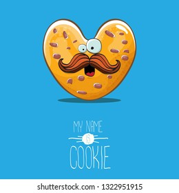 vector funny hand drawn homemade chocolate chip heart shape cookie character isolated on blue background. My name is cookie concept illustration. funky lovely food character or bakery label mascot