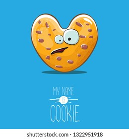 vector funny hand drawn homemade chocolate chip heart shape cookie character isolated on blue background. My name is cookie concept illustration. funky lovely food character or bakery label mascot