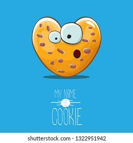 vector funny hand drawn homemade chocolate chip heart shape cookie character isolated on blue background. My name is cookie concept illustration. funky lovely food character or bakery label mascot