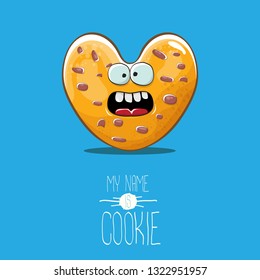 vector funny hand drawn homemade chocolate chip heart shape cookie character isolated on blue background. My name is cookie concept illustration. funky lovely food character or bakery label mascot