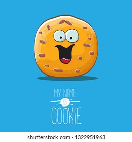 vector funny hand drawn homemade chocolate chip cookie character isolated on blue background. My name is cookie concept illustration. funky food character or bakery label mascot