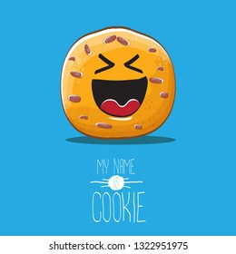 vector funny hand drawn homemade chocolate chip cookie character isolated on blue background. My name is cookie concept illustration. funky food character or bakery label mascot