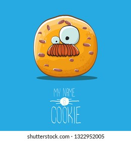 vector funny hand drawn homemade chocolate chip cookie character isolated on blue background. My name is cookie concept illustration. funky food character or bakery label mascot