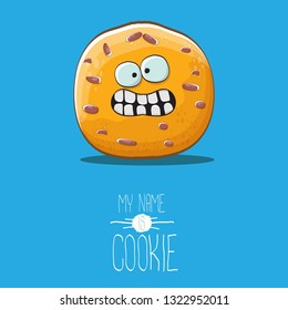 vector funny hand drawn homemade chocolate chip cookie character isolated on blue background. My name is cookie concept illustration. funky food character or bakery label mascot