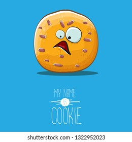 vector funny hand drawn homemade chocolate chip cookie character isolated on blue background. My name is cookie concept illustration. funky food character or bakery label mascot