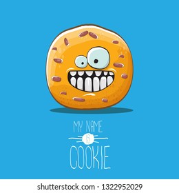 vector funny hand drawn homemade chocolate chip cookie character isolated on blue background. My name is cookie concept illustration. funky food character or bakery label mascot