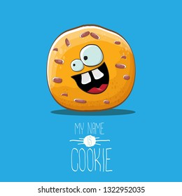 vector funny hand drawn homemade chocolate chip cookie character isolated on blue background. My name is cookie concept illustration. funky food character or bakery label mascot