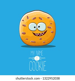 vector funny hand drawn homemade chocolate chip cookie character isolated on blue background. My name is cookie concept illustration. funky food character or bakery label mascot