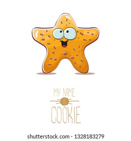 vector funny hand drawn homemade chocolate chip star shape cookie character isolated on white background. My name is cookie concept illustration. funky lovely food character or bakery label mascot 