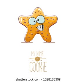 vector funny hand drawn homemade chocolate chip star shape cookie character isolated on white background. My name is cookie concept illustration. funky lovely food character or bakery label mascot 